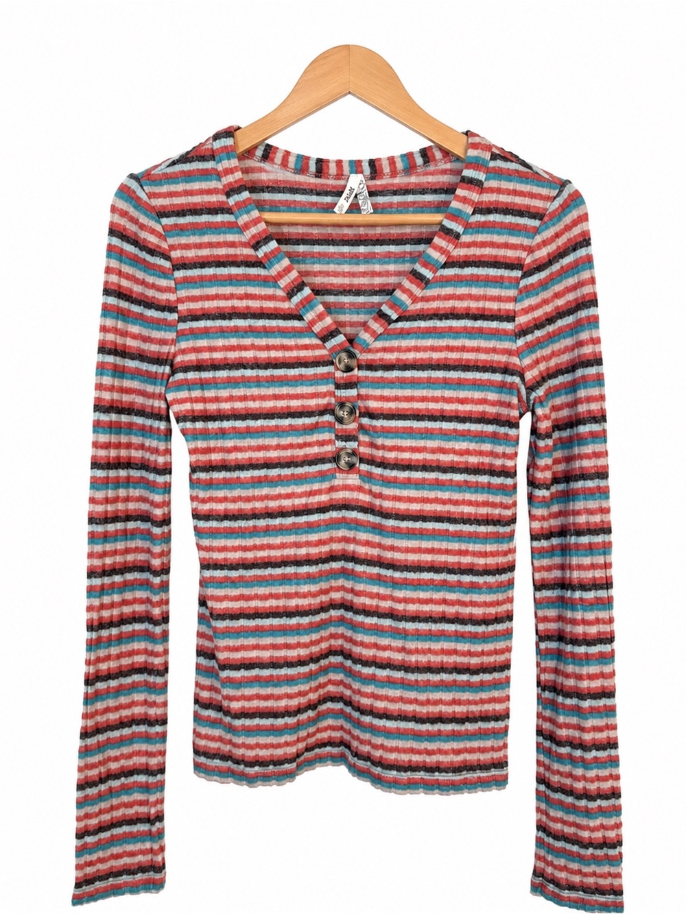 Mudd Y2K Striped Ribbed Henley Long Sleeve Top Size Small